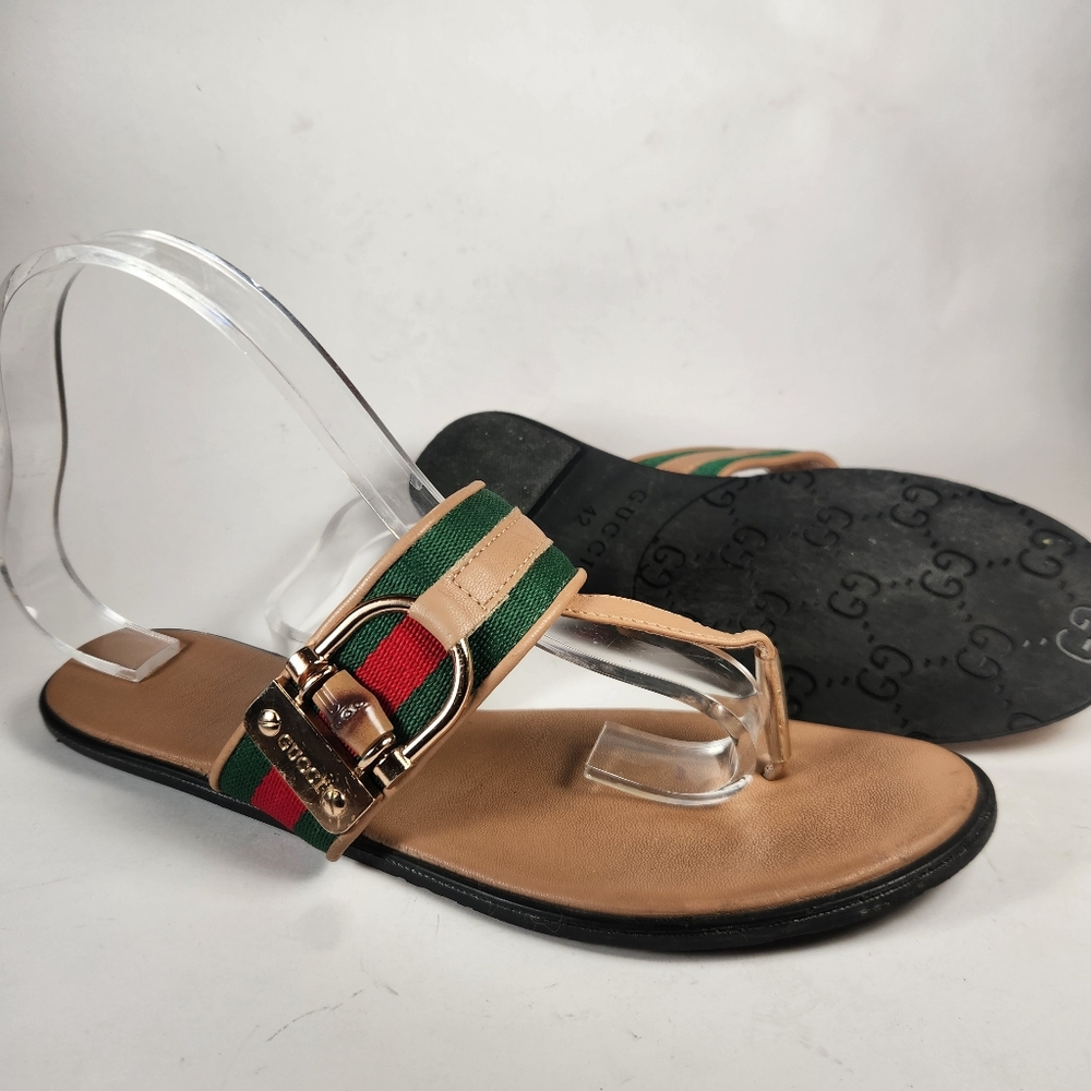 Gucci Tan Sandals with Green and Red Accents